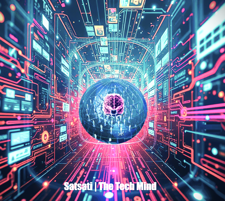 Futuristic digital tunnel with glowing circuitry and a floating brain sphere symbolizing artificial intelligence and human cognition